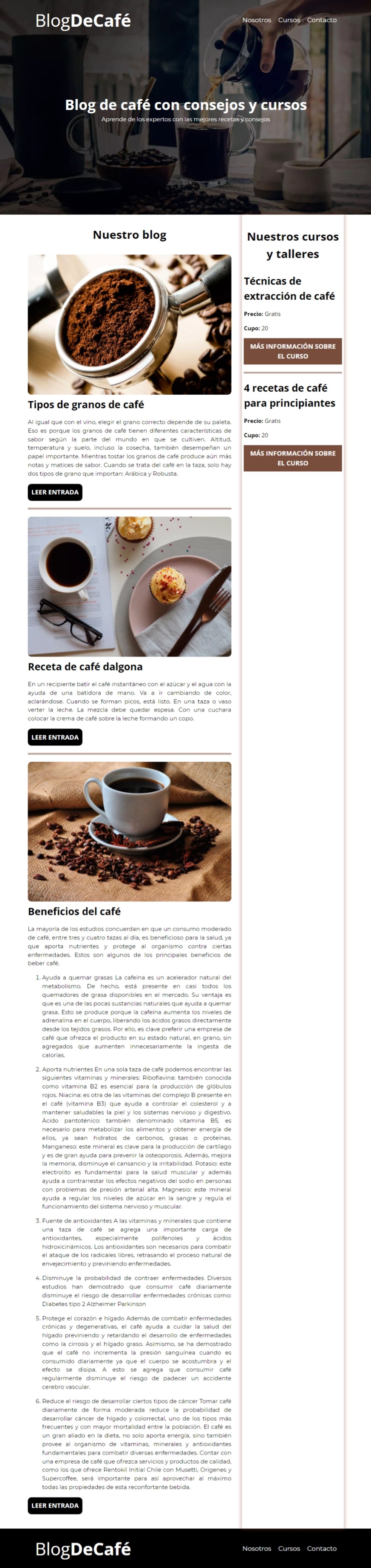 captura de blog ficticio de café (maquetación)