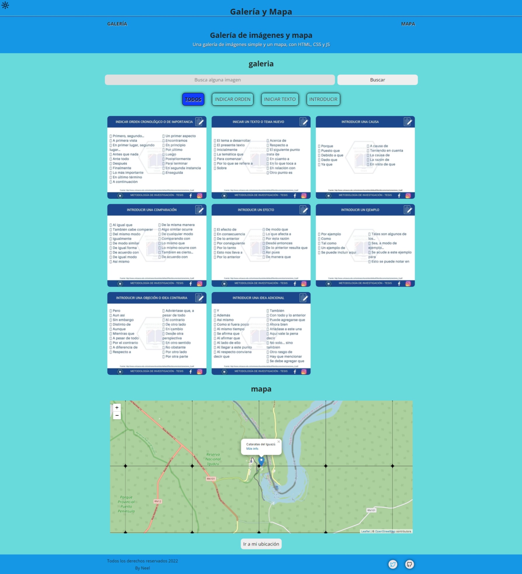 captura de sitio responsive con HTML, CSS y JS. Galería de imágenes estáticas, mapa con la opción de ir a ubicación, e icono + efecto de darkmode