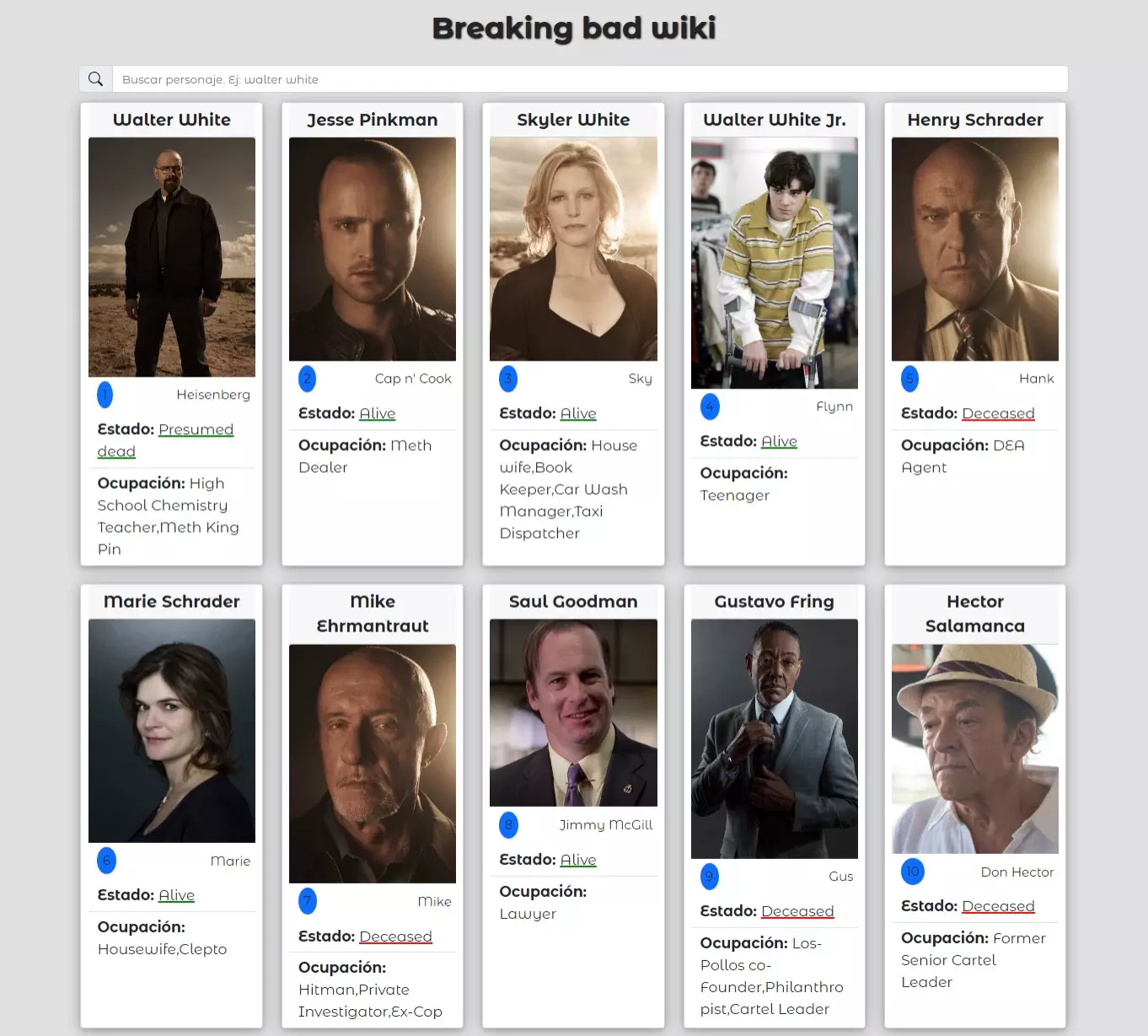 captura de app web hecha en angular de la wiki de la serie breaking bad