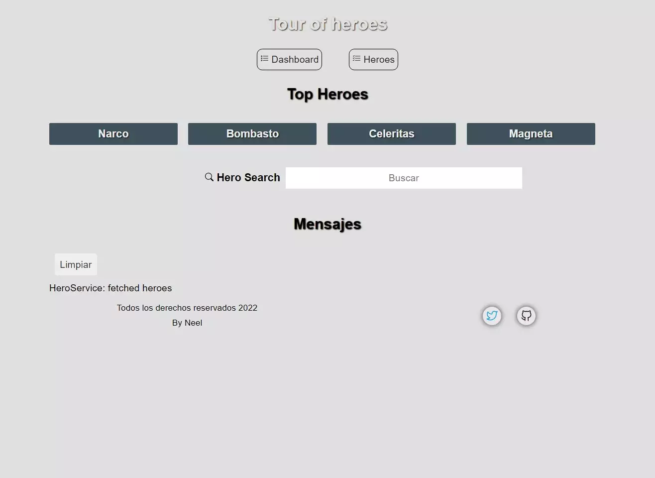 captura de app web tour of heroes del tutorial de angular